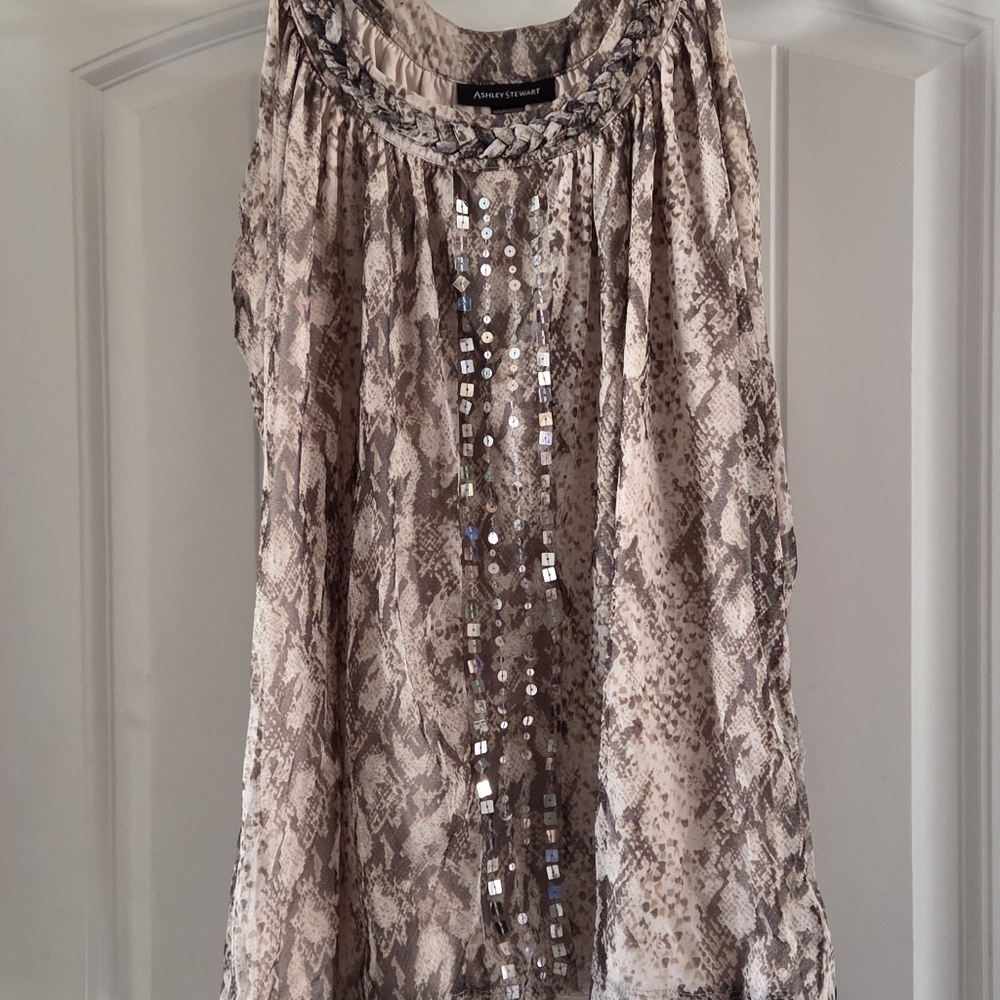 Ashley Stewart Neutral Snake Print Beaded Tunic